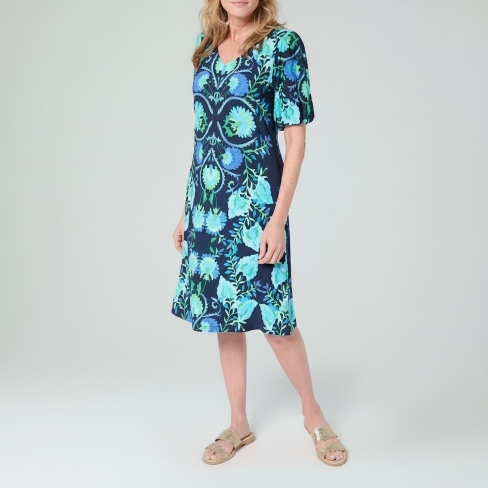 Susan Graver Dress Puff Sleeve V-Neck Large Petite‎ Navy/Turquoise Stretchy